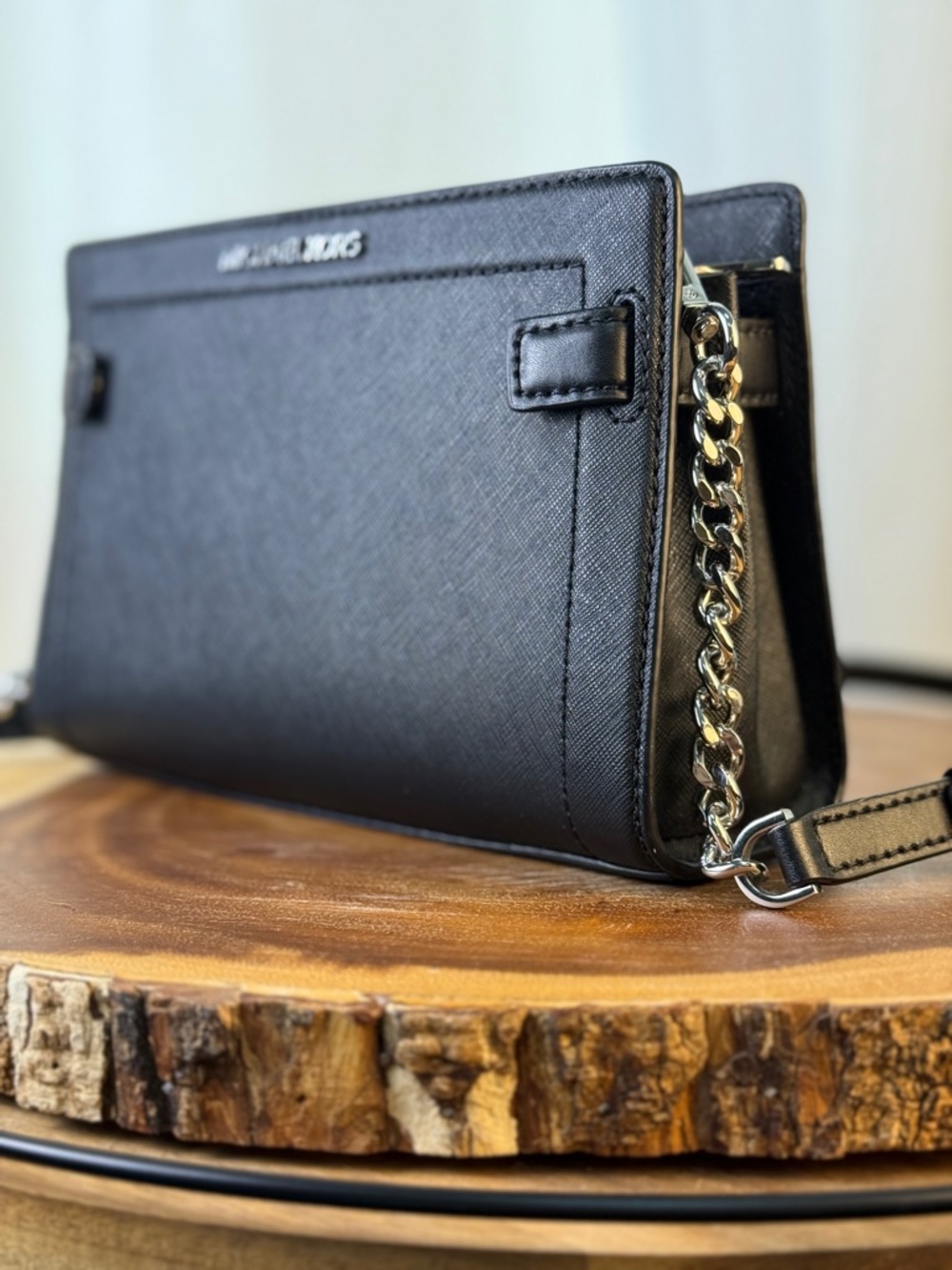 Michael Kors Rayne Small Black Saffiano Leather Crossbody – Silver Chain - EUC